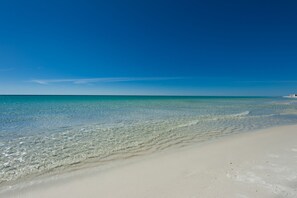 On the beach, sun loungers