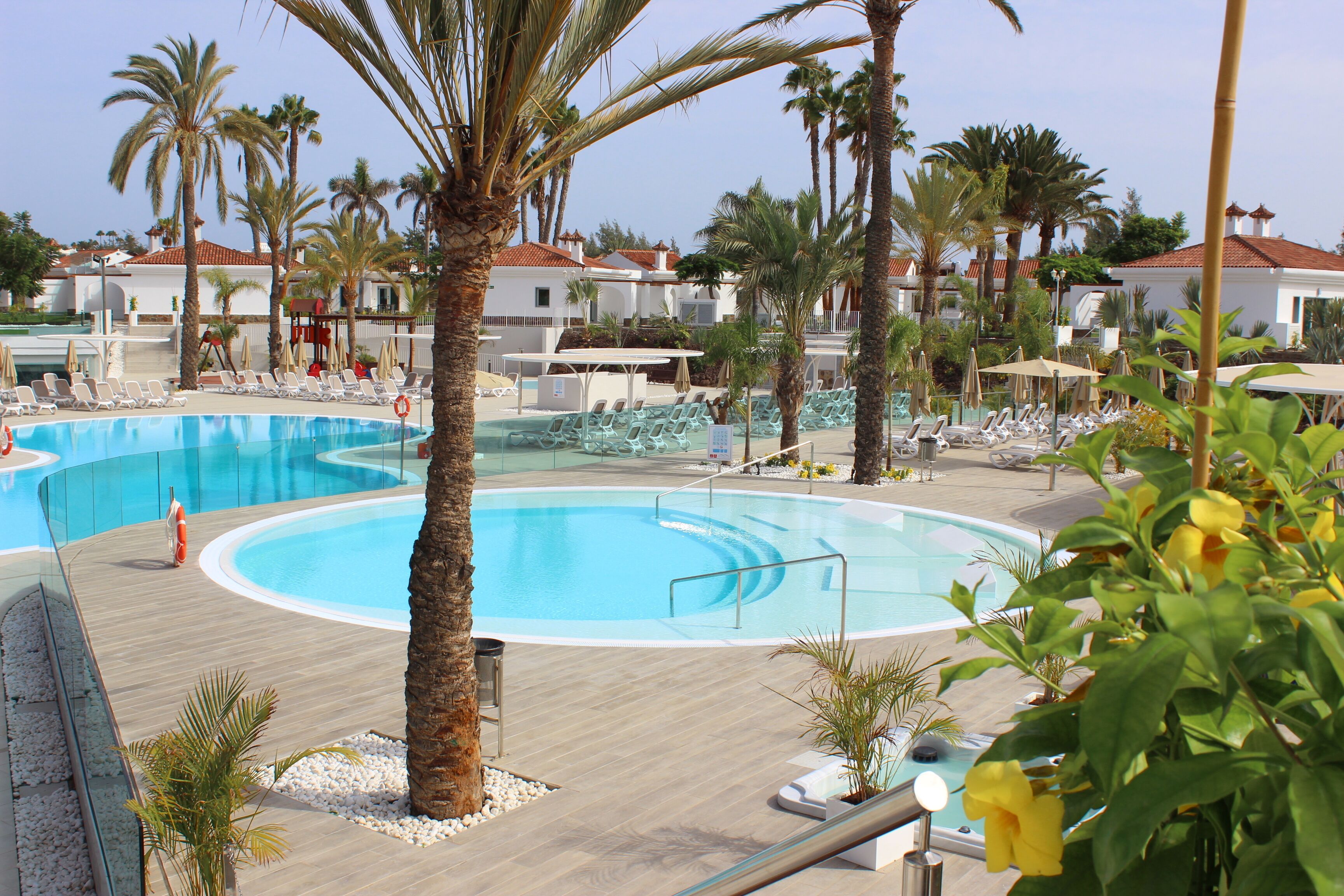 Un resort con una piscina grande rodeada de palmeras y sillas de descanso.