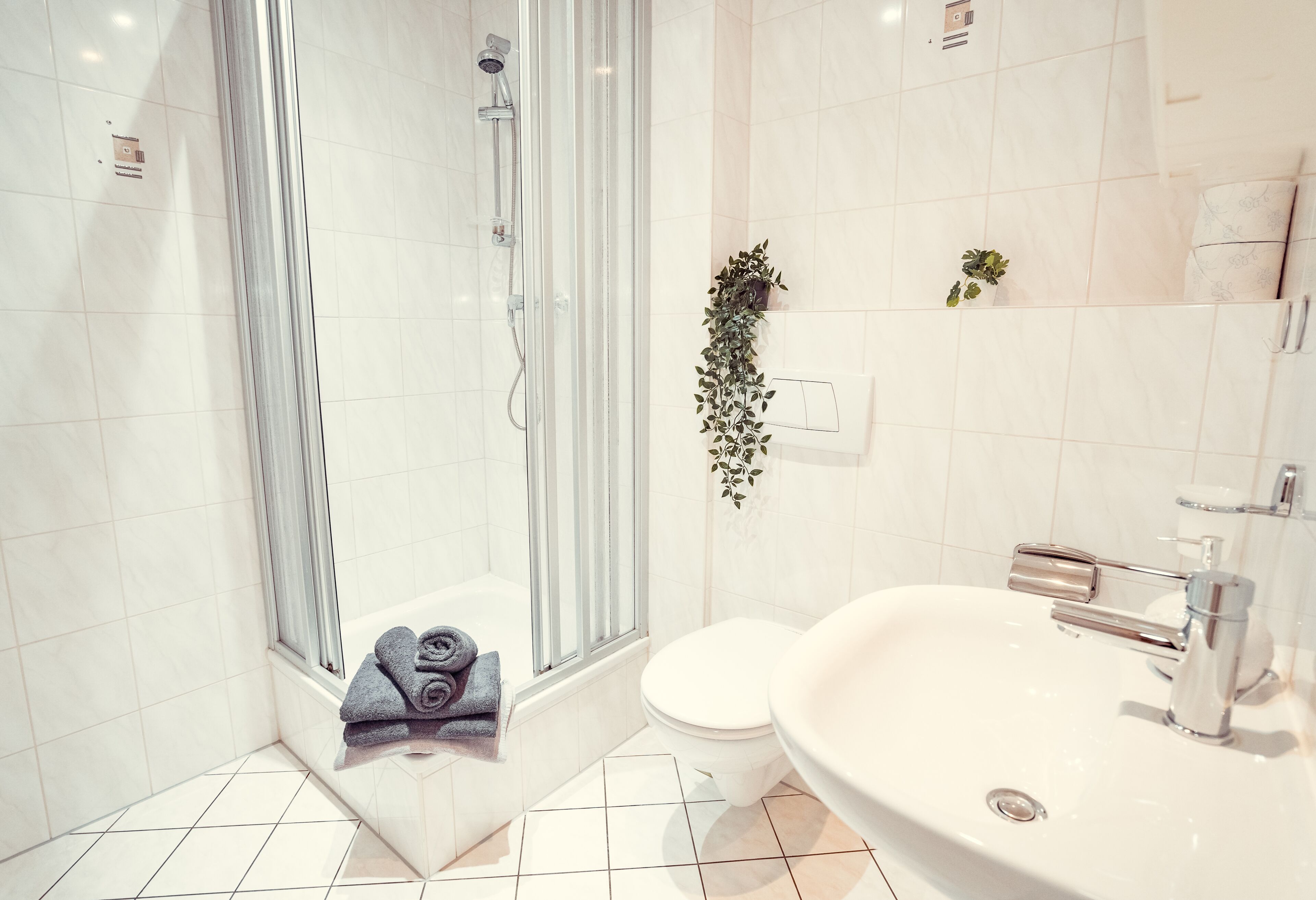 Habitación con 2 camas individuales | Baño | Secadora de cabello y toallas 