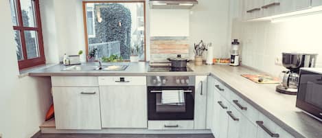 Full-size fridge, microwave, coffee/tea maker, electric kettle