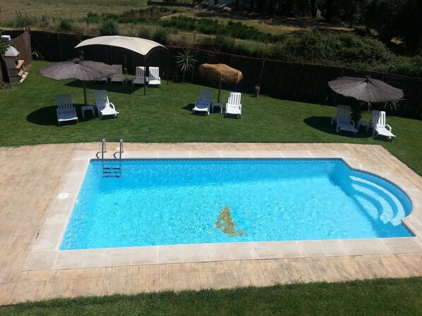 Outdoor pool, open 9:00 AM to 9:00 PM, pool loungers