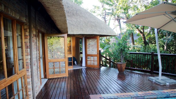 Une terrasse en bois avec une piscine, une structure dotée d’un toit de chaume et une vue sur la végétation environnante.