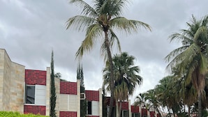 A building with a red and beige facade, surrounded by well-maintained grass and palm trees.