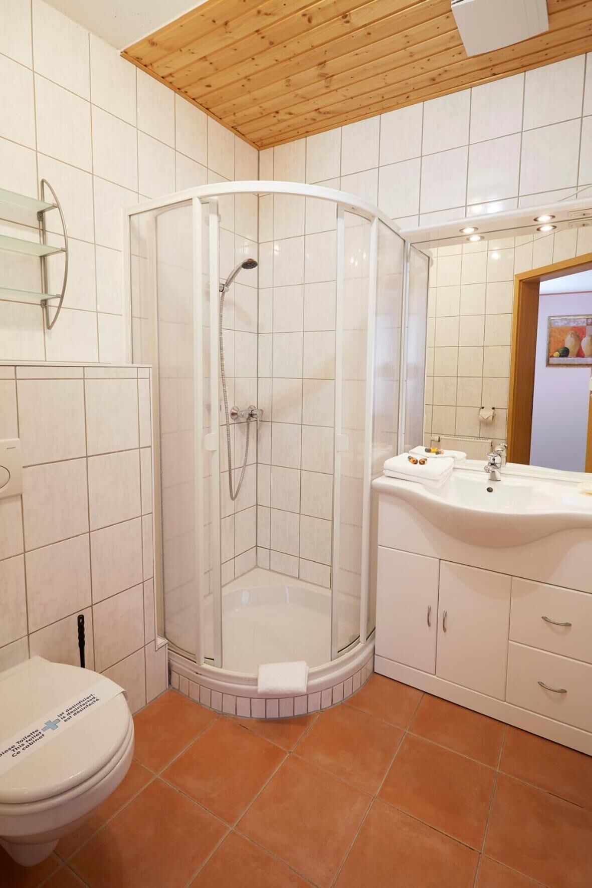 A bathroom with a glass-enclosed shower, a white sink, and a toilet.