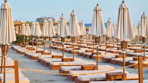 De nombreuses chaises longues et des parasols sont disposés en rangées le long d’une plage de sable, créant une ligne continue.