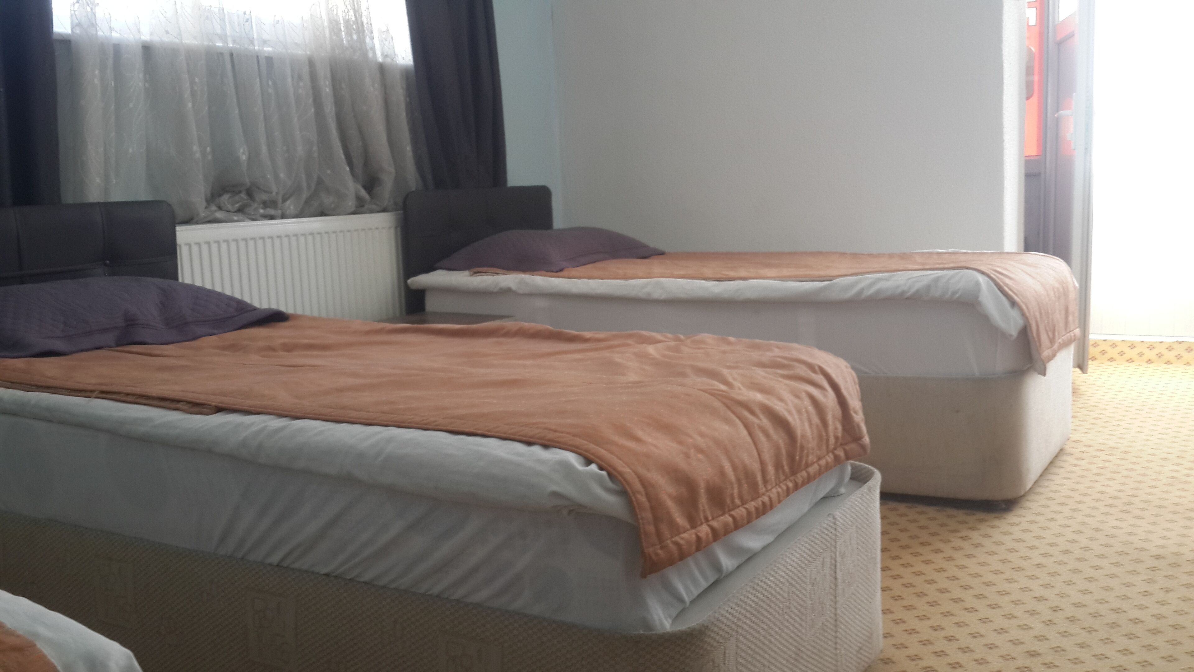 Dos camas individuales con cabeceras, una ventana con cortinas traslúcidas y una alfombra estampada.
