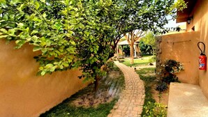 A narrow pathway flanked by walls with climbing plants, a fire extinguisher, and a stone wall on one side. - Hôtel La Belle Etoile & SPA (Mbour)