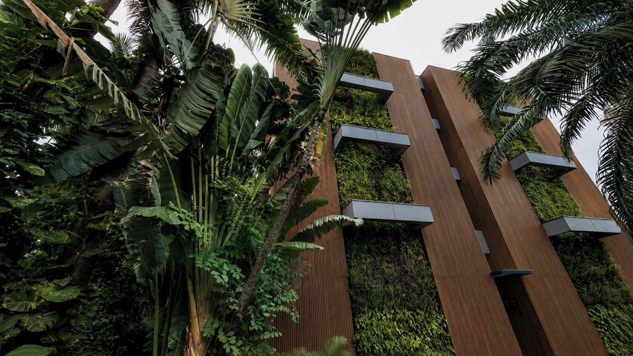 A modern building with vertical wooden panels and a green wall with vegetation.