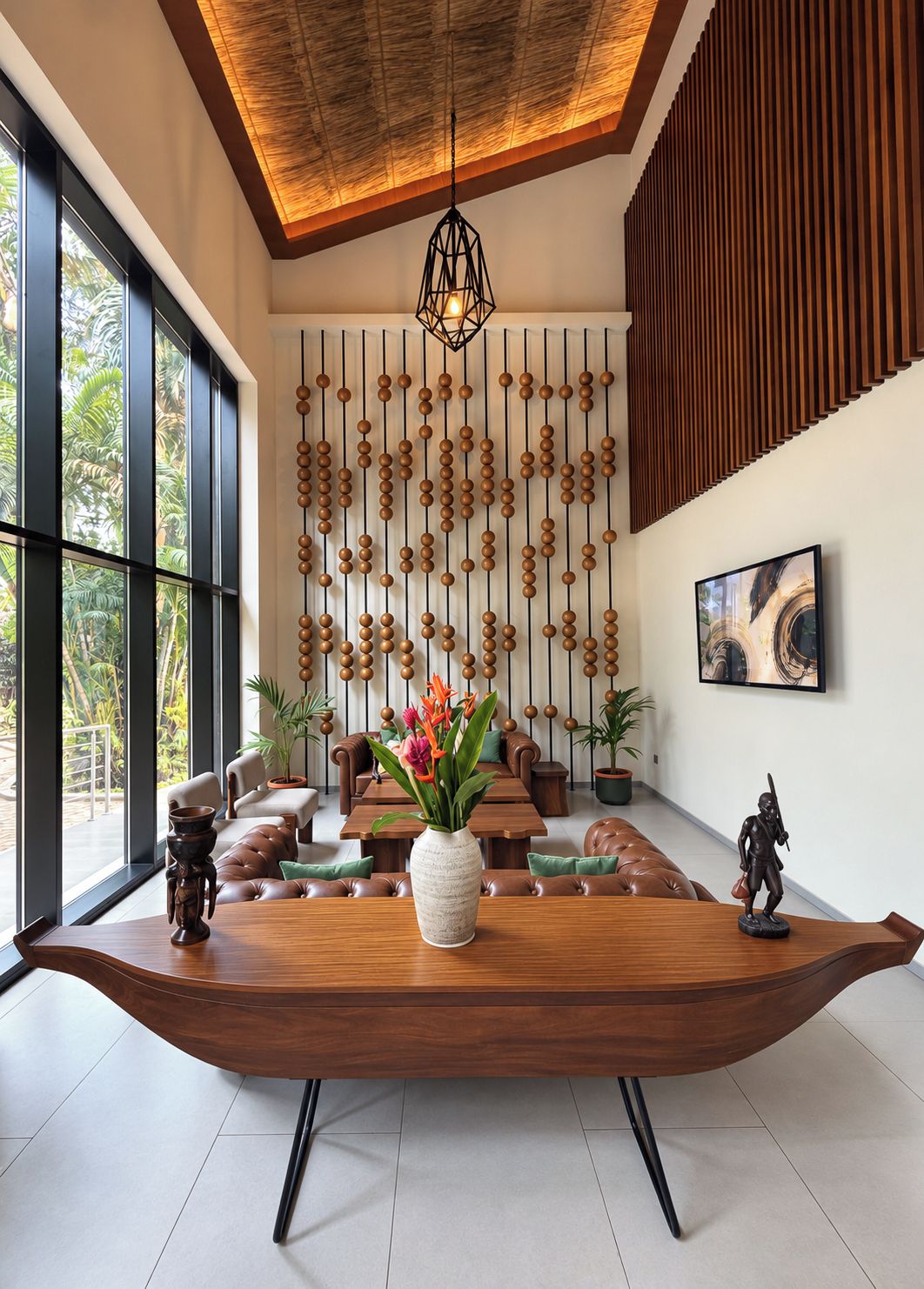 A modern interior with a wooden dining table, a hanging light fixture, and a wall with vertical wooden slats.