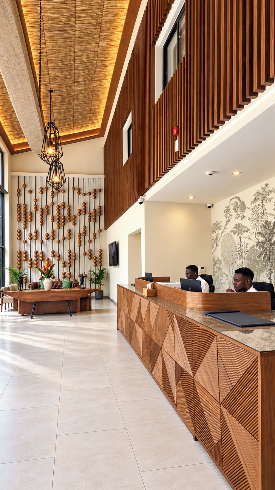 A modern reception area with a wooden reception desk, a wall-mounted spherical light fixture, and a patterned wall mural.