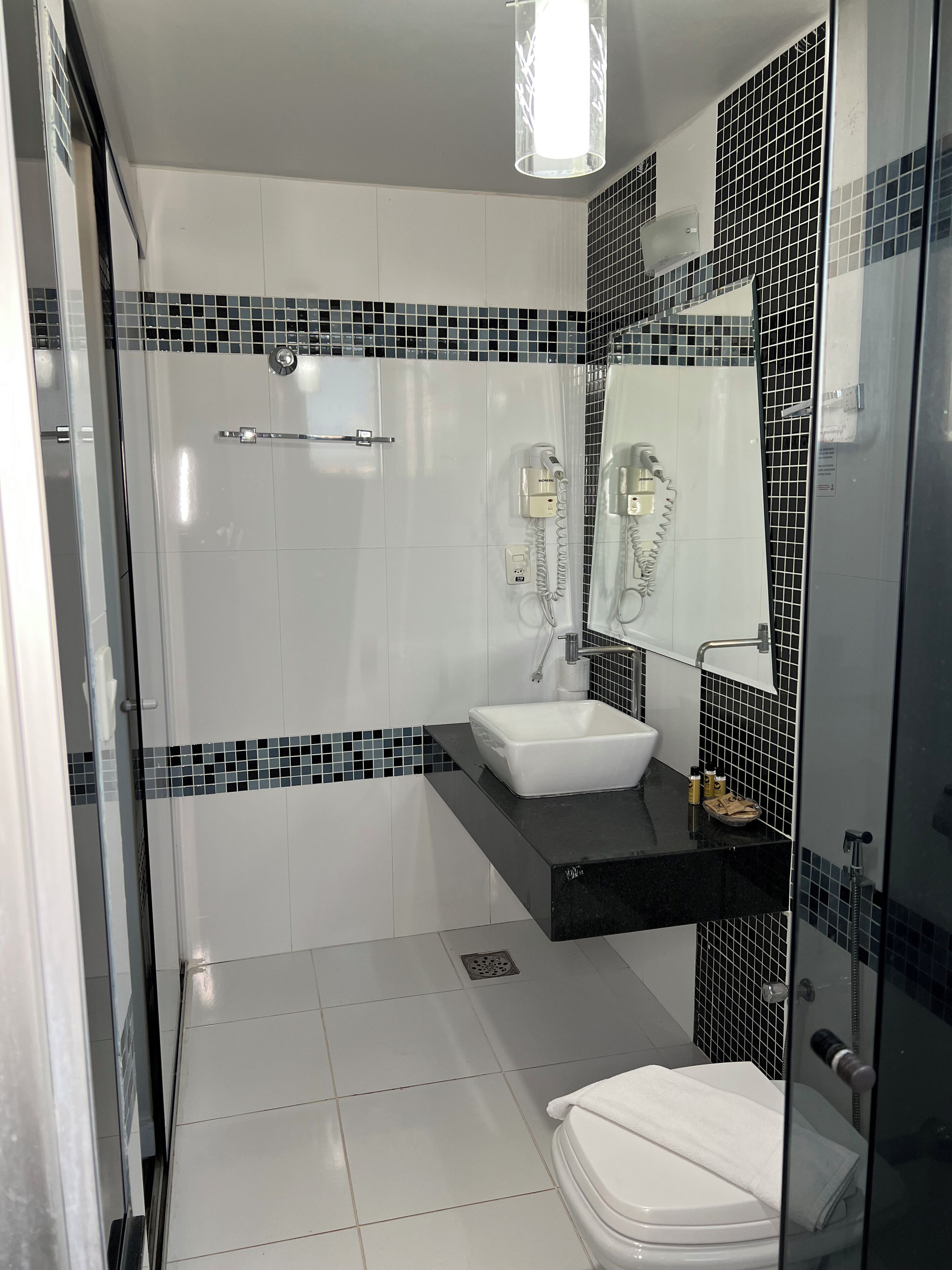 A modern bathroom with a glass shower enclosure, a white sink, and a toilet.