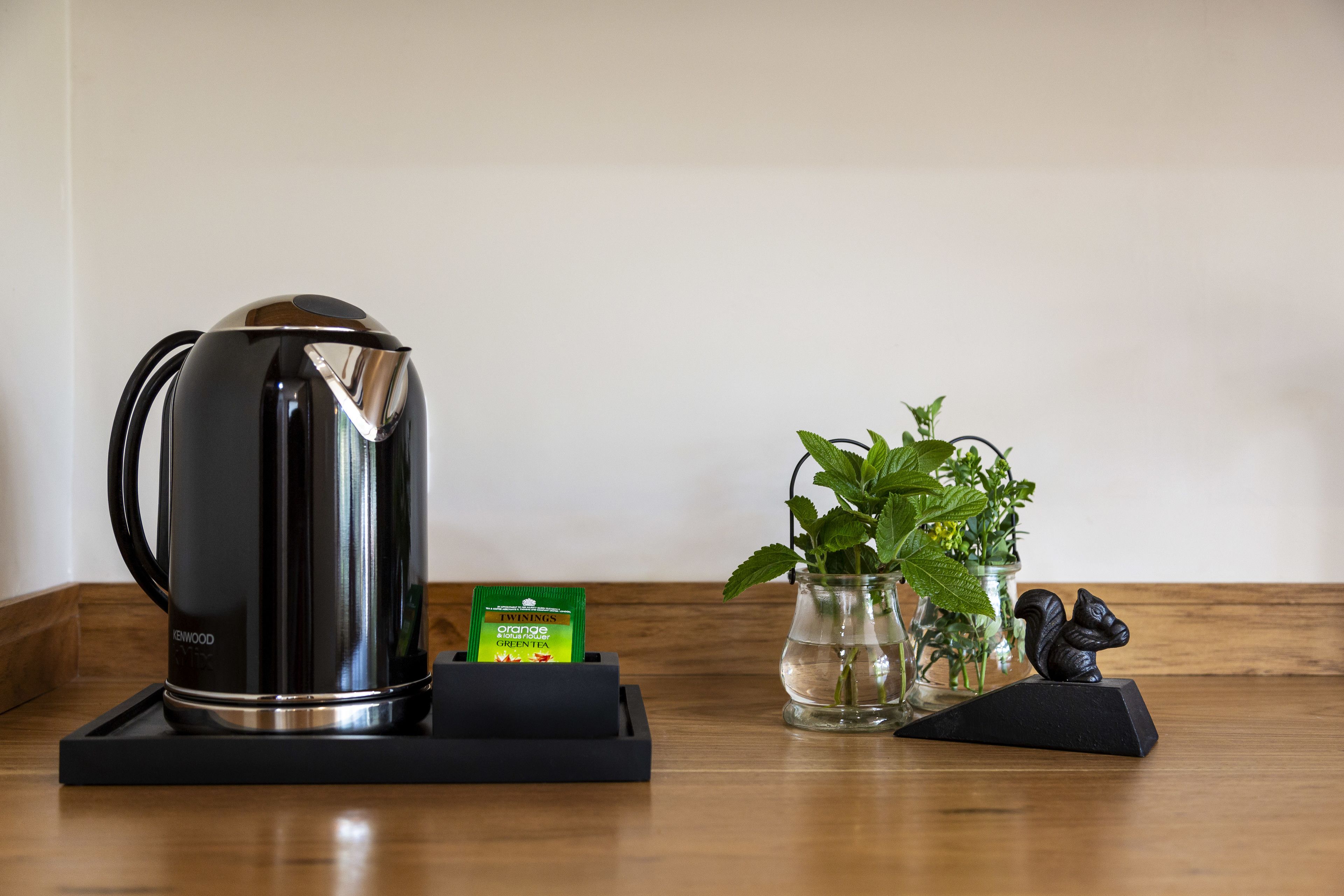 Una cafetera negra sobre una bandeja negra, un sobre de té verde, un florero de vidrio con hojas de menta y una figurita de ardilla sobre una mesa de madera.