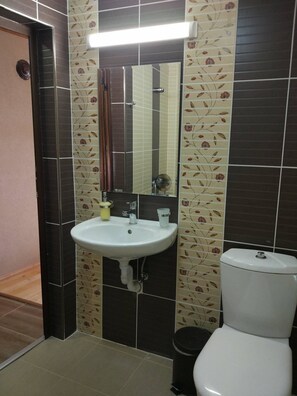 Shower, free toiletries, hair dryer, towels