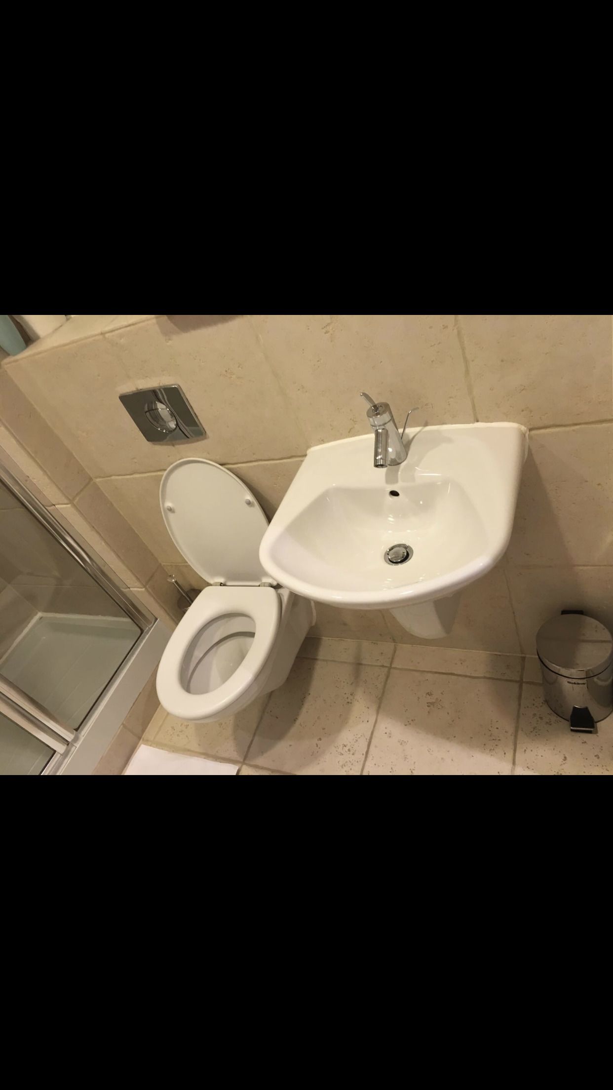 A bathroom with a white toilet, a sink, and a shower area.