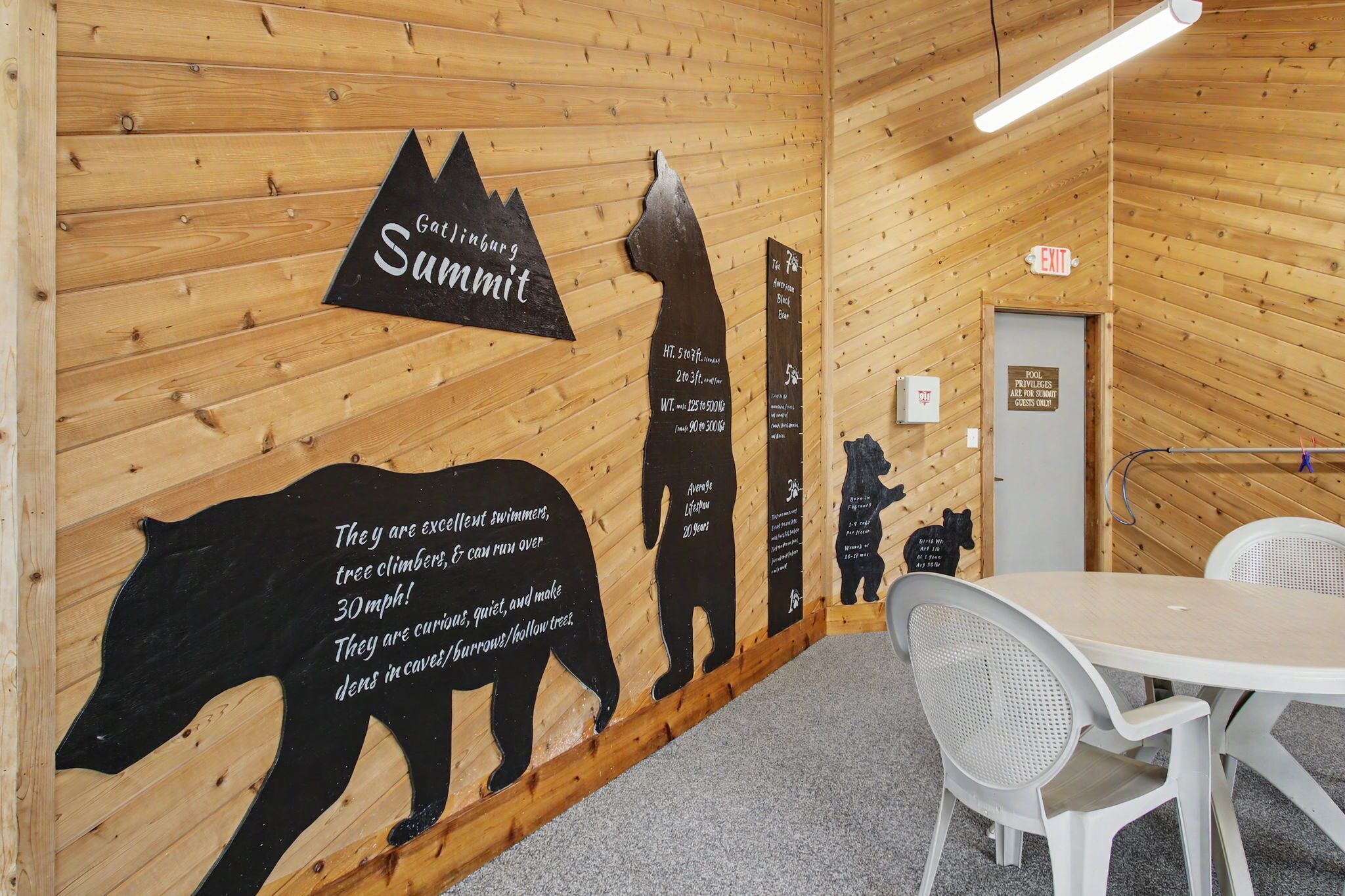 A room with a wooden wall featuring silhouettes of animals and text describing their characteristics. There is a table and chairs, a sign indicating pool privileges for summit guests, and an exit sign.