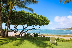 On the beach, sun-loungers, beach towels - Lae Nani 423, Stunning Oceanfront View, Newly Remodeled In Tasteful Island Decor (Kapaa)