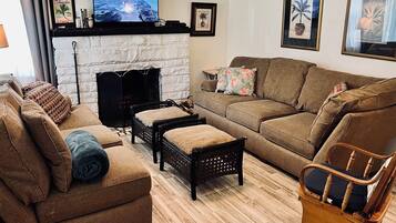 Smart TV, fireplace, DVD player, books