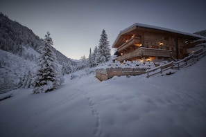 A wooden lodge with a balcony, surrounded by snow-covered trees and a mountain backdrop. -  Chalet Tannenbaum (Saalbach-Hinterglemm)