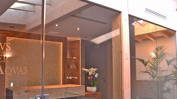A reception area with a wooden reception desk, glass partitions, and a potted plant with white flowers. - Cobue Wine Resort & SPA (Pozzolengo)