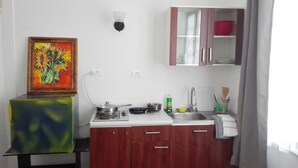 Een kleine keuken met houten kastjes, een gootsteen, een fornuis en een schilderij aan de muur.
