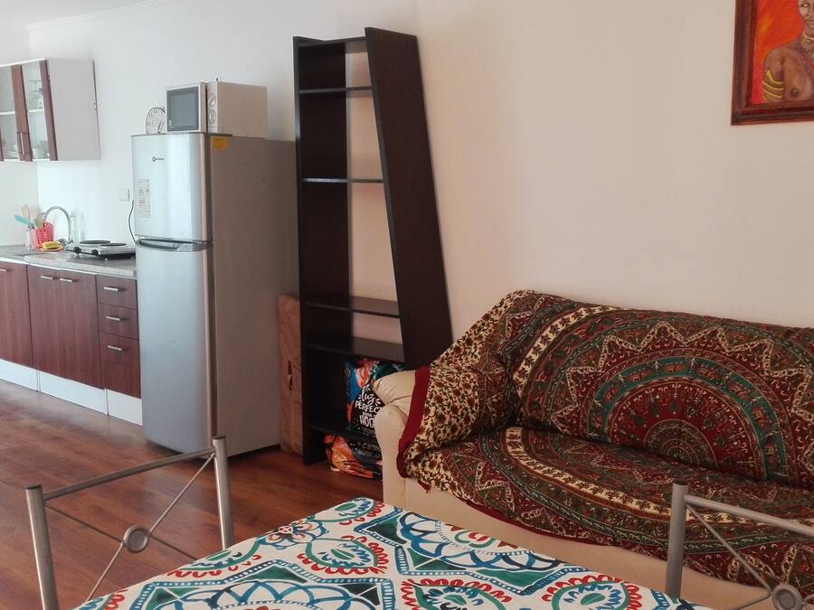 A compact living space with a kitchenette, a sofa, and a patterned throw.