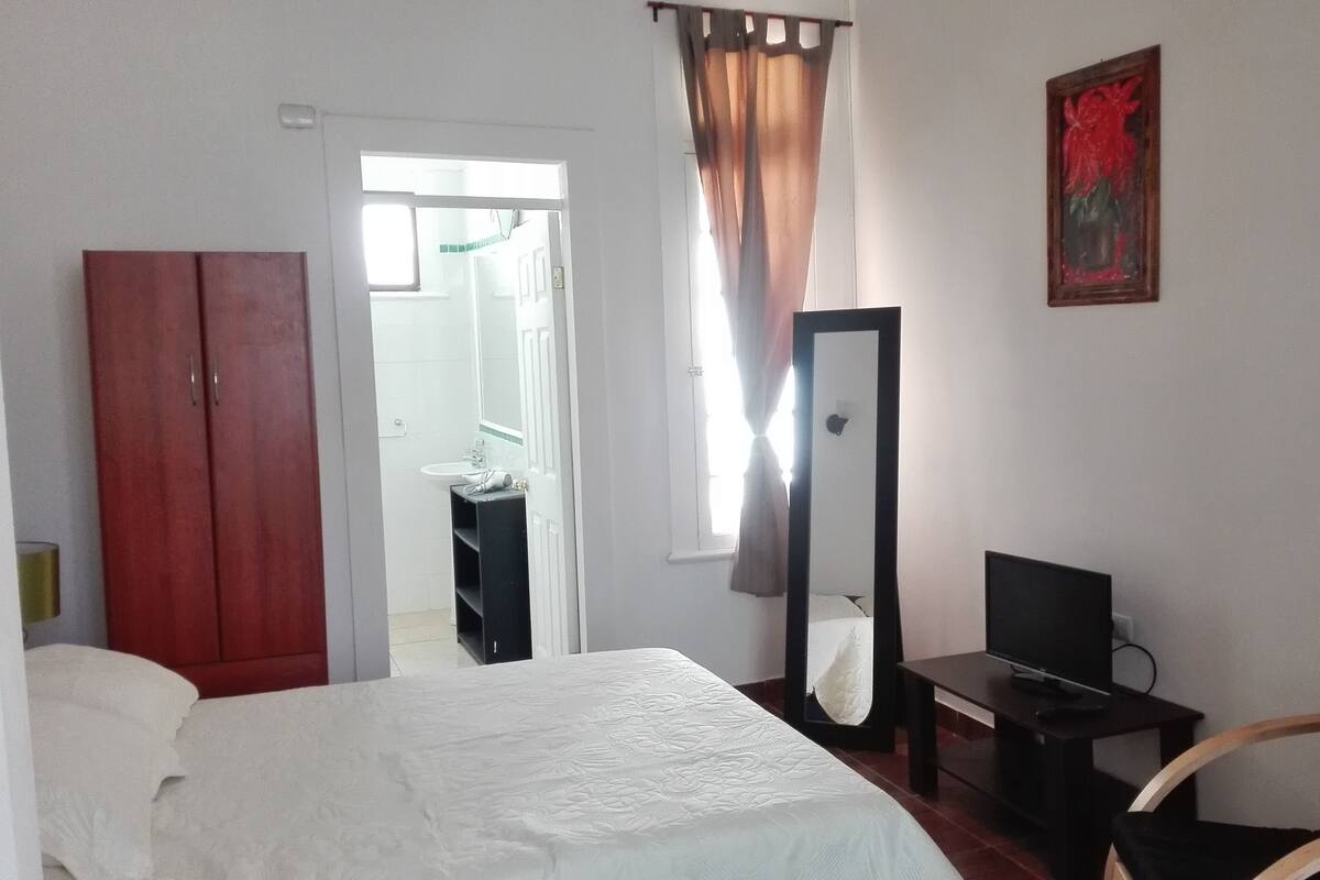 Un dormitorio con cama, armario, televisor, espejo y un baño visible a través de una puerta abierta.