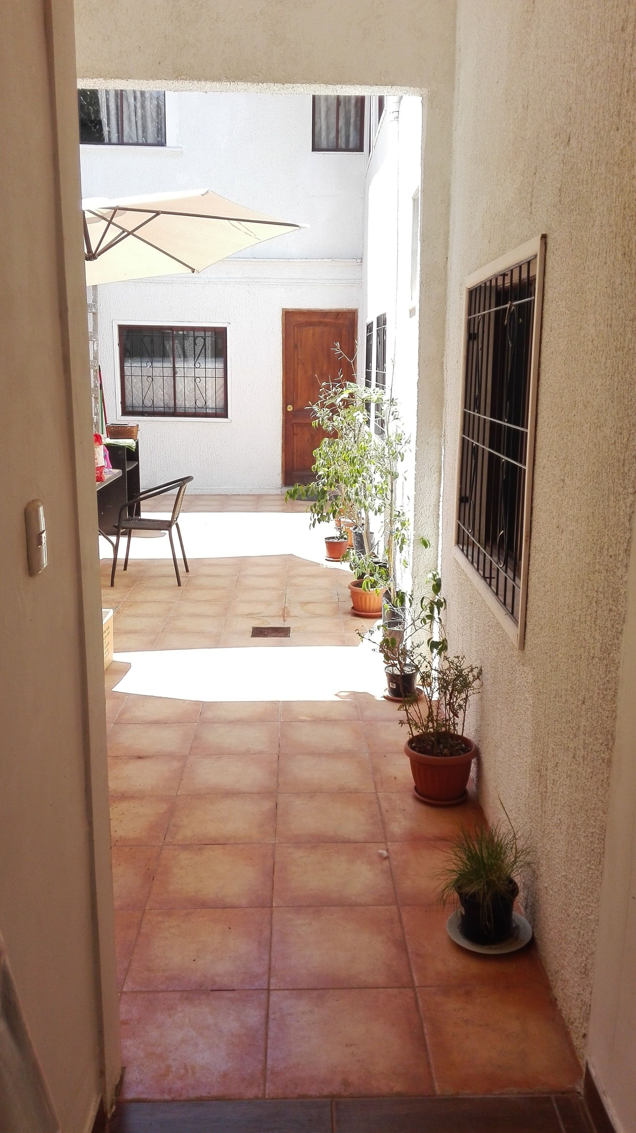 A narrow corridor with tiled flooring, potted plants, a wooden door, and a window with bars.
