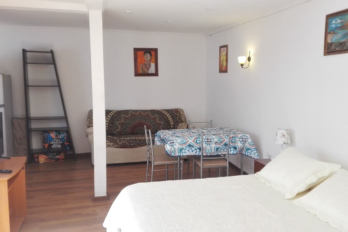 Un dormitorio con cama, escritorio, silla, sofá y una escalera.