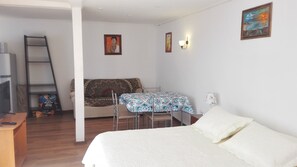 Une chambre à coucher avec un lit, un bureau, une chaise, un canapé et une échelle.