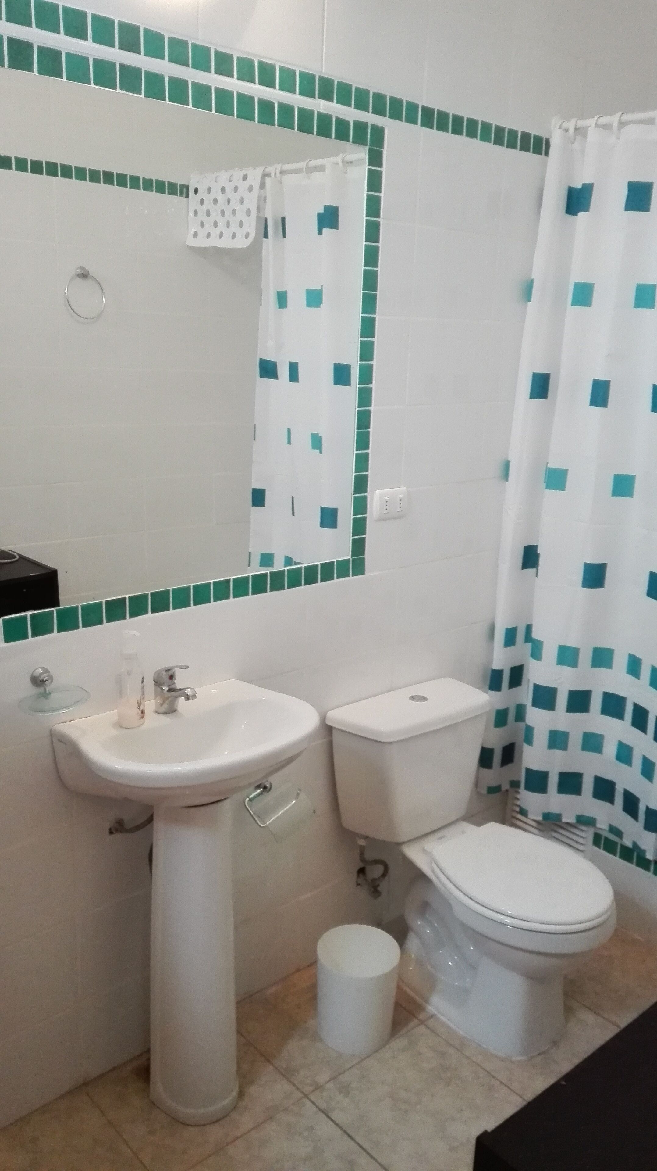 Une salle de bain équip ée d’un lavabo, de toilettes et d’un rideau de douche.