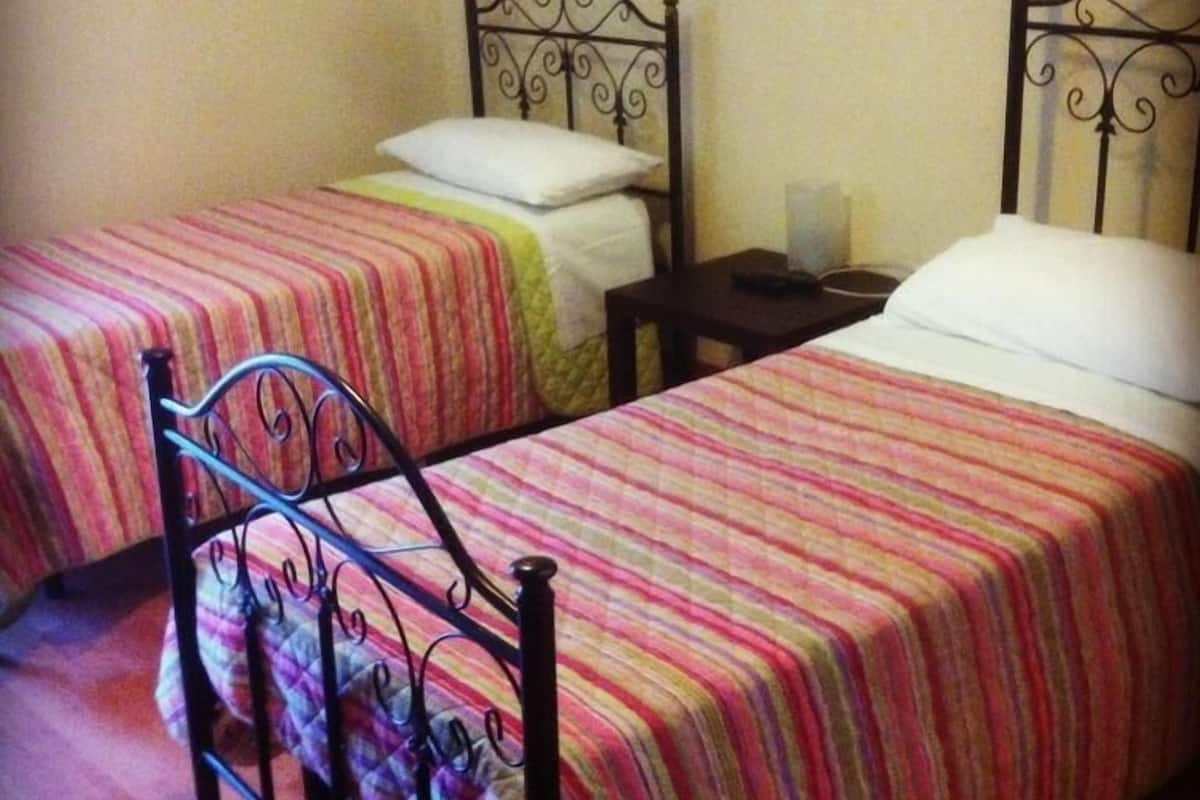 A room with two single beds, each with a metal frame and striped bedding. There is a nightstand with a lamp and a remote control next to one bed.