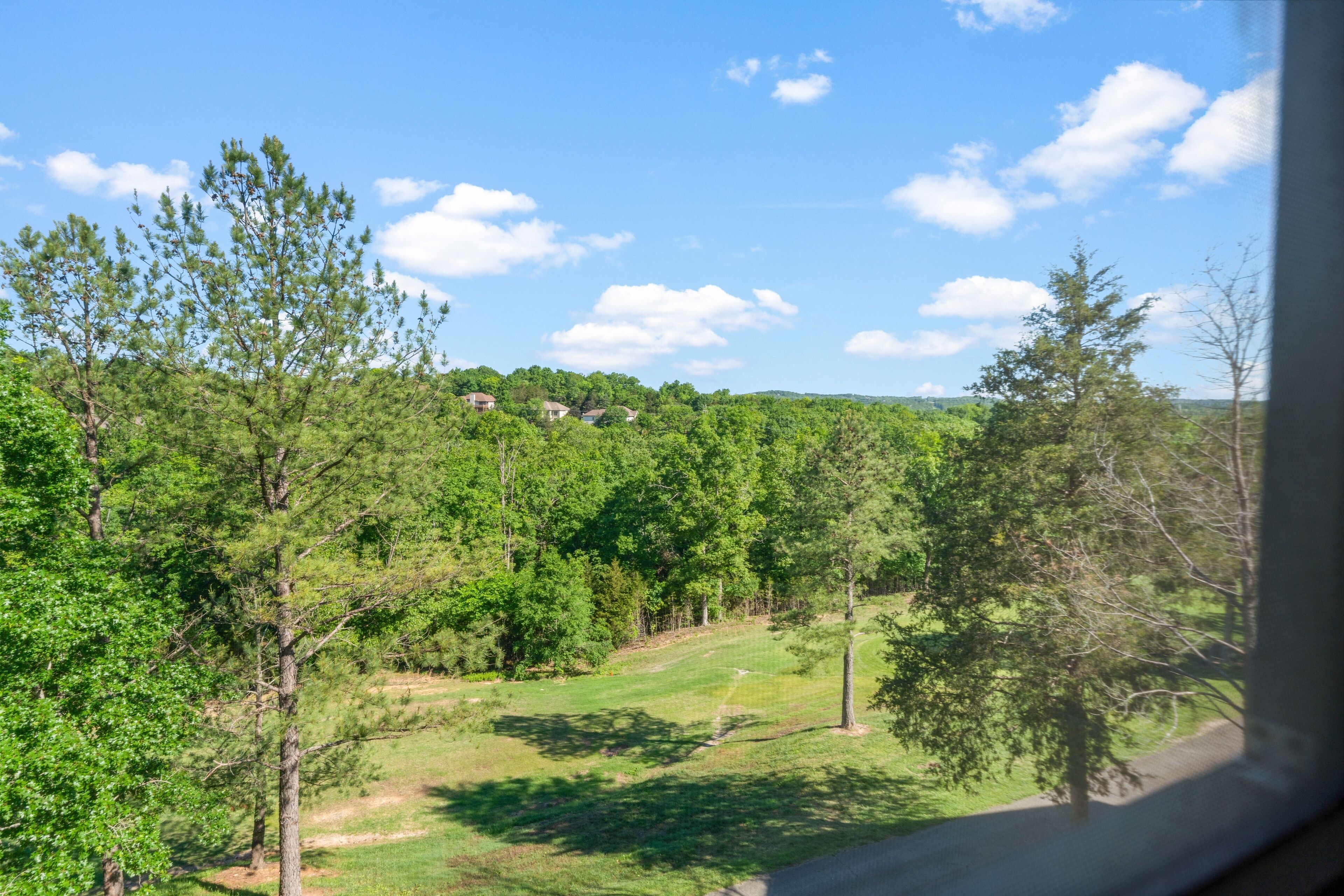 A view of a lush green landscape with trees and a clear blue sky.