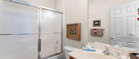 A bathroom with a glass shower enclosure, a white toilet, a vanity with a sink, and a mirror.