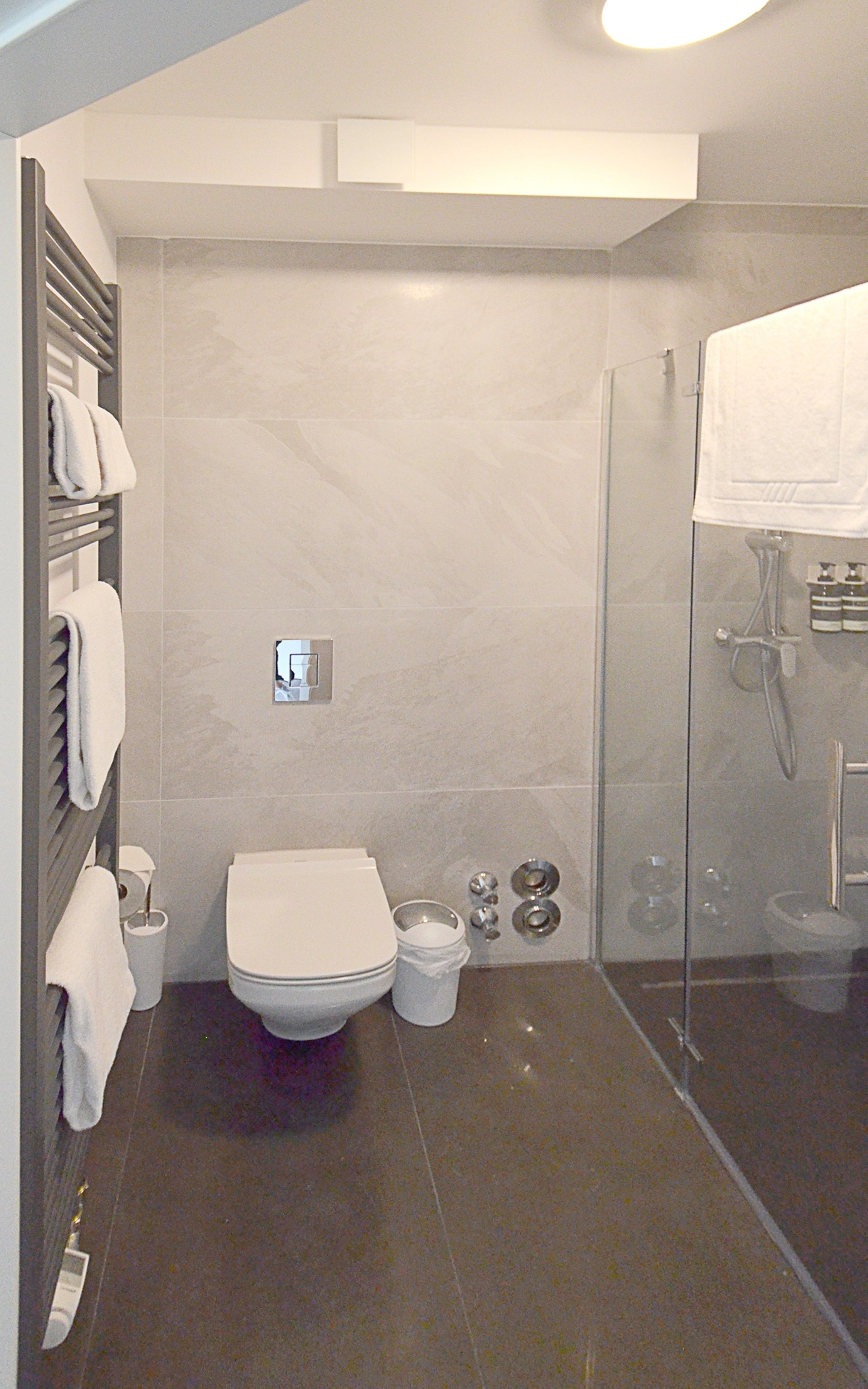 A modern bathroom with a toilet, bidet, and glass shower enclosure.