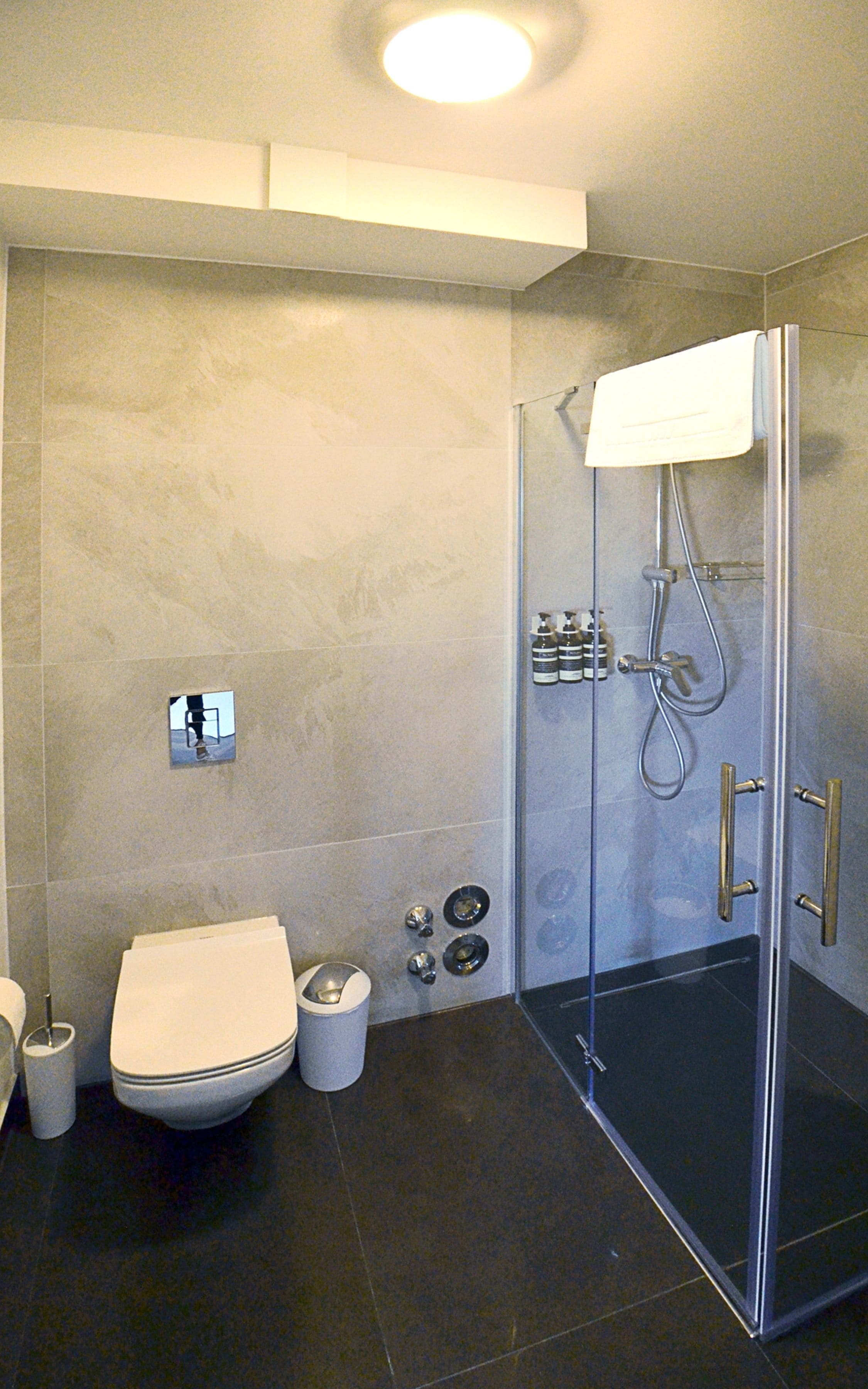 Une salle de bain moderne avec une douche à l’italienne, des toilettes et un bidet.
