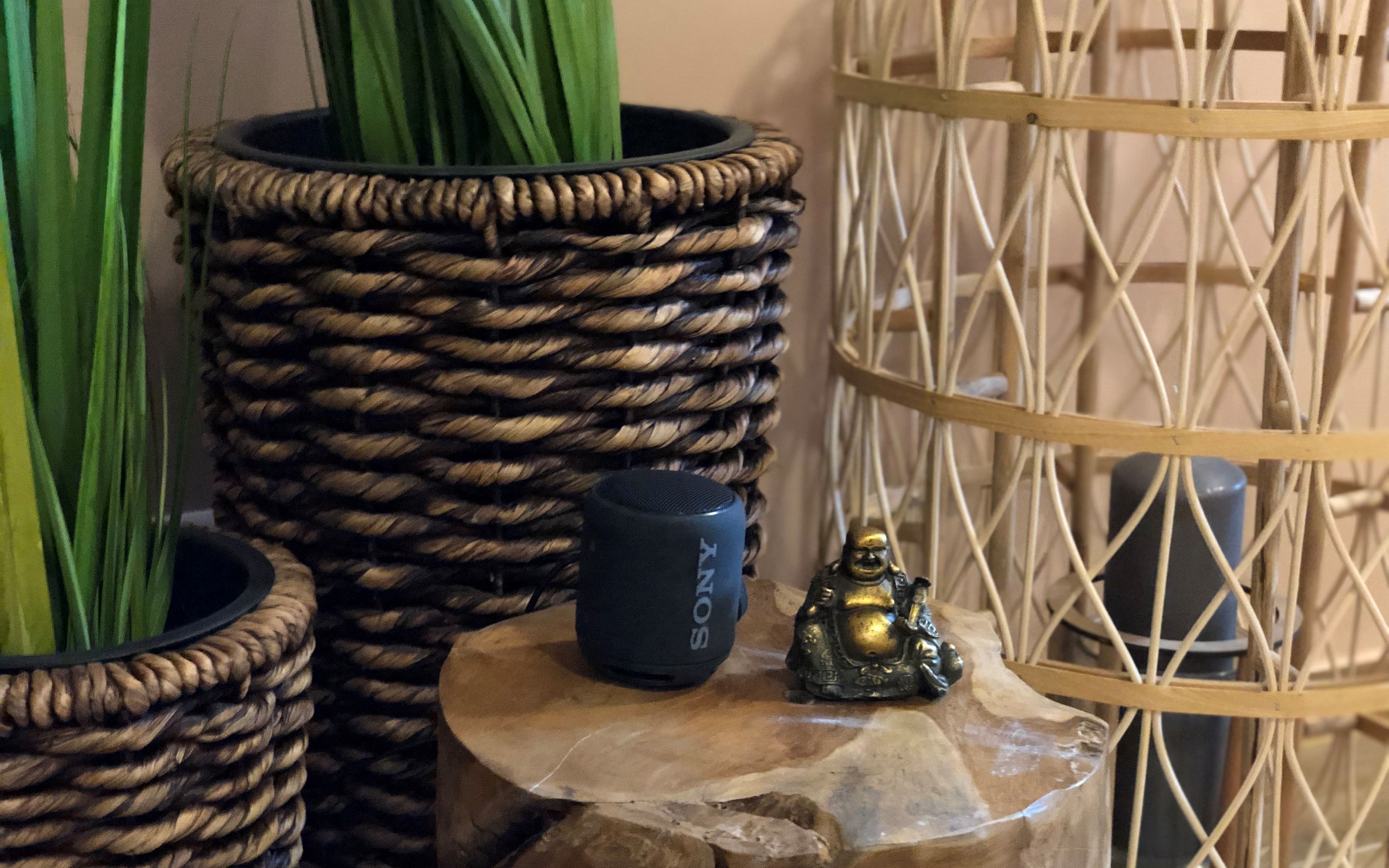 A woven basket with a blue object labeled 'SONY' and a small golden statue on a wooden surface.