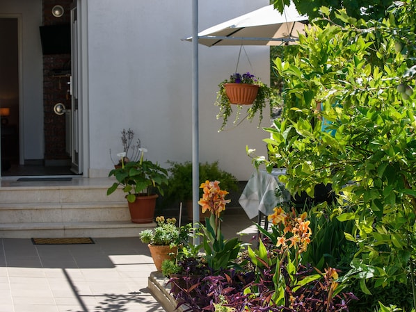 A well-maintained outdoor area with potted plants, a hanging planter, and a tiled entrance.