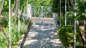Un chemin pavé bordé d’une végétation luxuriante et surmonté d’un portail en métal blanc.