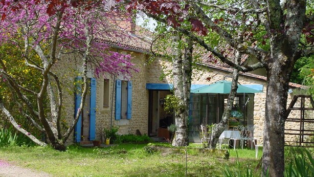 A rustic stone house with a garden, a wooden door, and a green umbrella.
