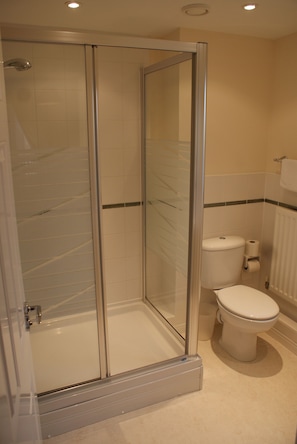 Bathroom features a glass-enclosed shower, toilet, and tiled floor and walls.