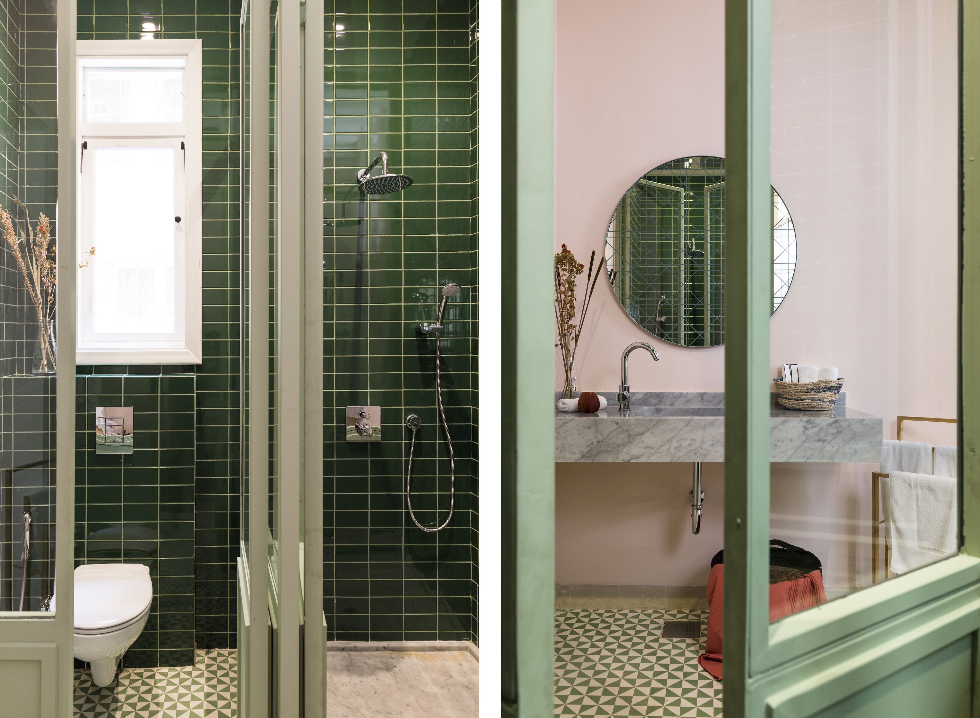 Un baño con ducha, inodoro y lavamanos.