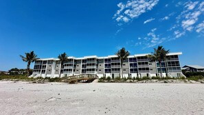 Un hôtel situé en bord de mer, doté de nombreux balcons, d’un pont en bois et de palmiers.