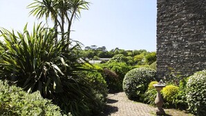 A garden pathway with various plants and a stone wall.