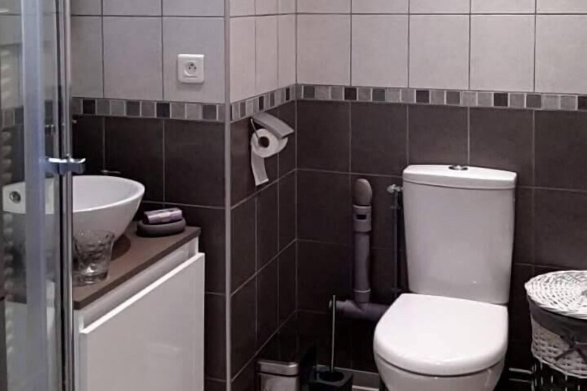 A bathroom with a toilet, sink, and shower.