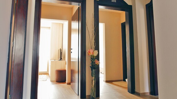 A hallway with two doors labeled 203 and 202, leading to rooms. A vase with flowers is placed in the center. - Hotel Bulevar (Bitola)