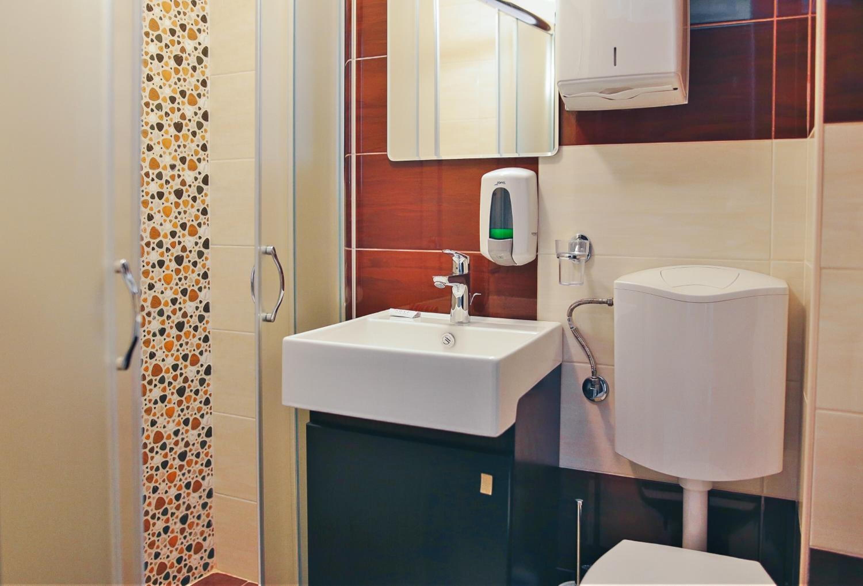 A bathroom with a white sink, a mirror, a soap dispenser, and a toilet.