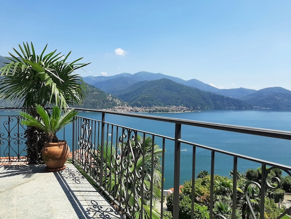 A balcony with a potted plant, a metal railing, and a view of a lake with mountains in the background. - Big Holiday Home with fantastic panoramic sea views (Cannobio)