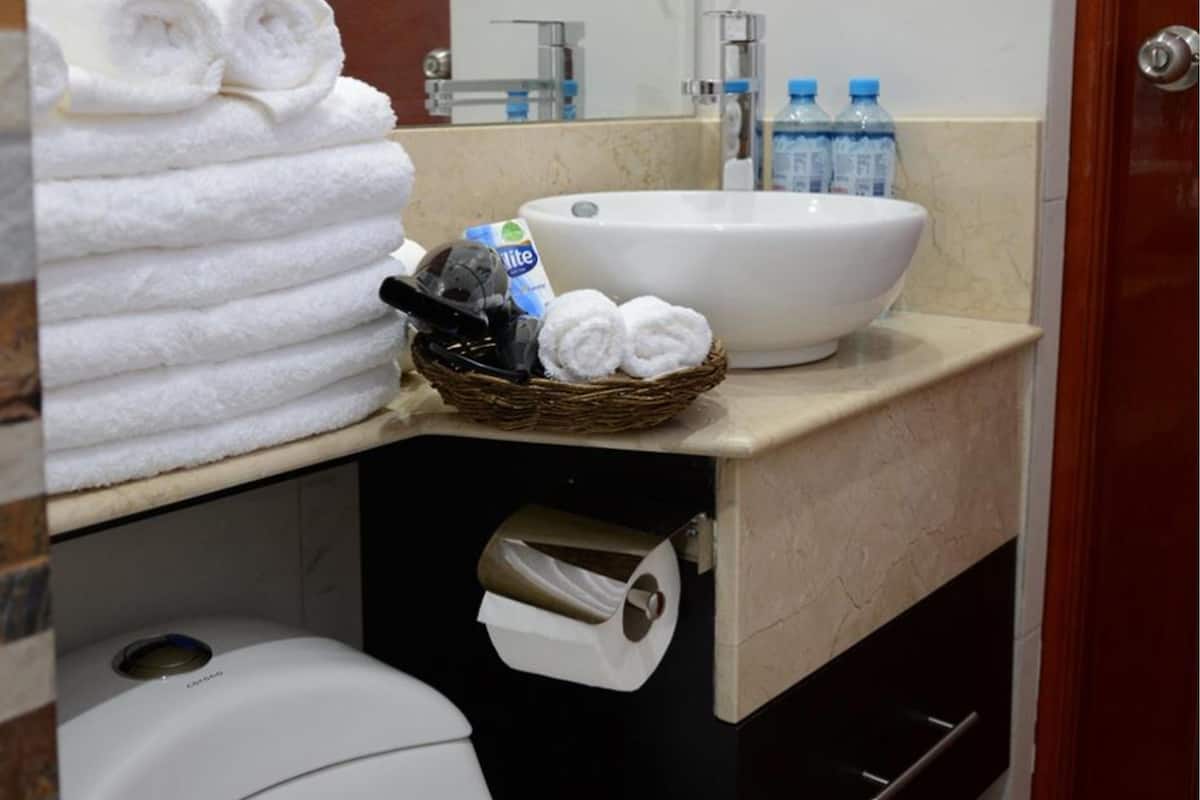 shower, rainfall showerhead, free toiletries, hair dryer