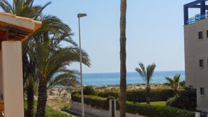 A coastal road with a white van, palm trees, and a beach in the background.