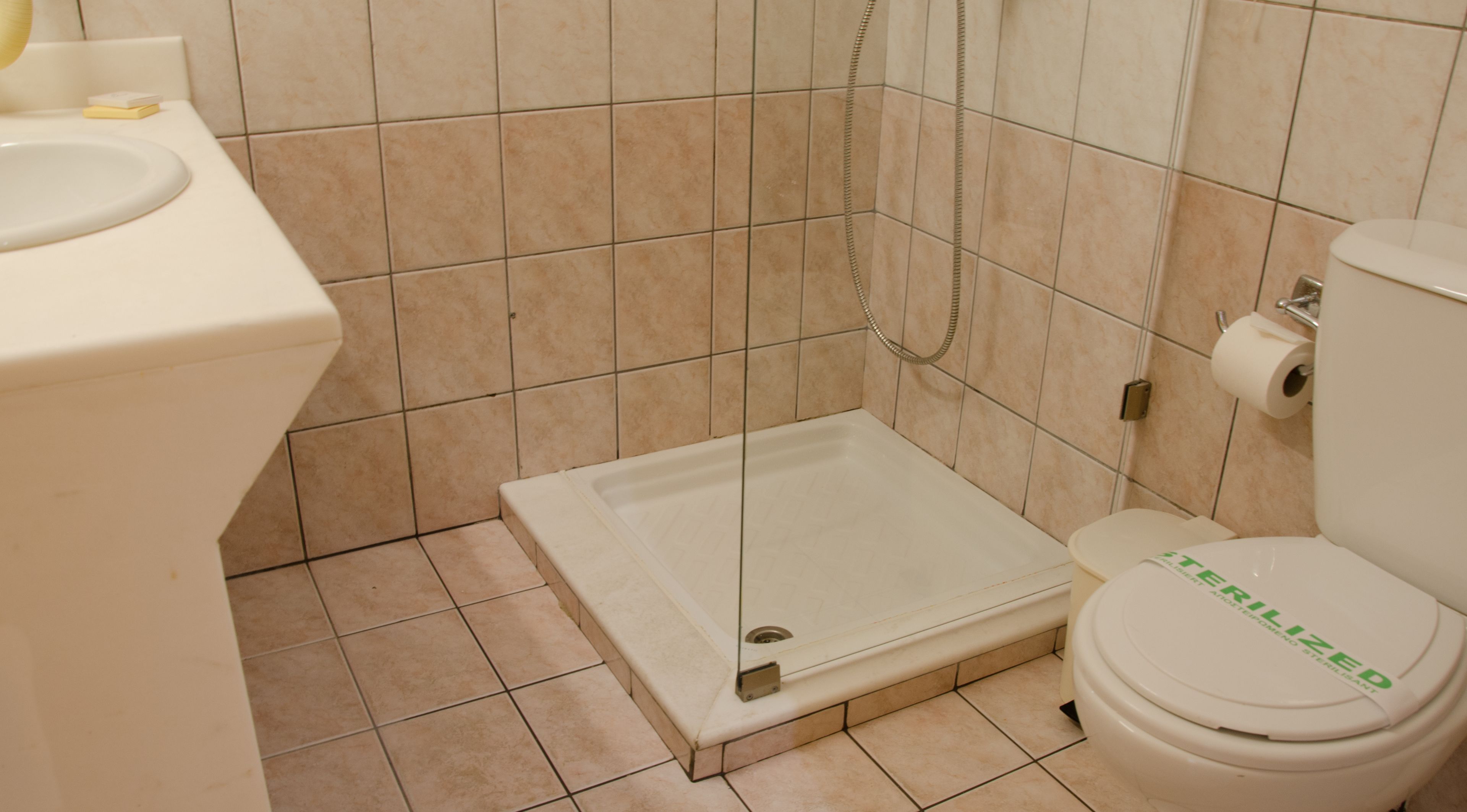 Un bagno con doccia, WC e lavandino.
